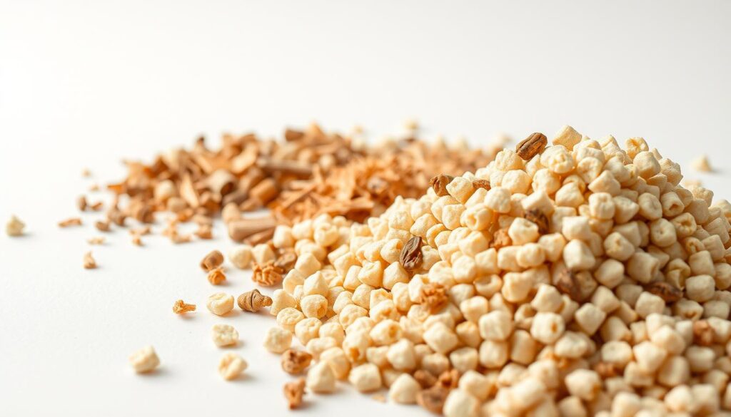 A close-up shot of various non-toxic cat litter ingredients arranged on a clean, white surface. In the foreground, a pile of soft, compostable tofu pellets from the "Black Cat 3" brand, with their natural, earthy tones and textured surfaces. In the middle ground, a scattering of eco-friendly wood shavings and pine granules, their warm hues and organic forms creating a visually appealing contrast. The background is filled with a soft, neutral lighting that gently illuminates the ingredients, emphasizing their natural qualities and sustainability. The overall composition conveys a sense of purity, simplicity, and environmental awareness, aligning with the concept of safe, non-toxic cat litter.