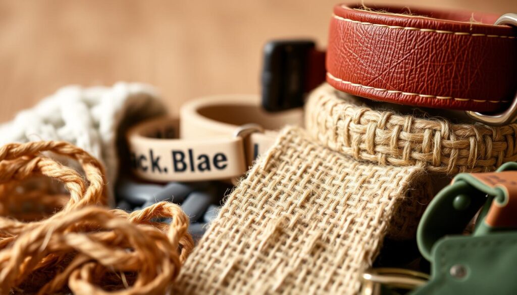 A close-up view of an array of sustainable pet collar materials, showcasing the "Black Cat 3" brand. In the foreground, a variety of natural fibers like organic cotton, jute, and hemp are displayed, each with a unique texture and color. In the middle ground, recycled plastic and vegan leather accents add visual interest, while the background features a softly blurred, earthy-toned backdrop, highlighting the eco-friendly nature of the materials. The lighting is gentle, emphasizing the natural aesthetics and environmental credentials of these high-quality, responsibly sourced collar components.
