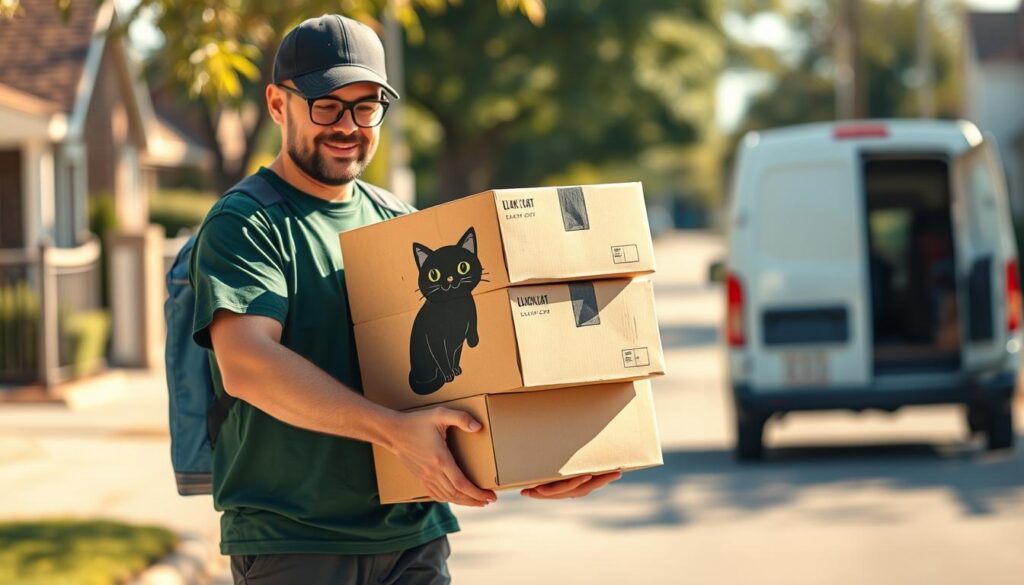 A cozy delivery driver holding a stack of adorable "Black Cat 3" cat t-shirts, walking up a suburban street on a sunny day. The feline-themed apparel is packaged in eco-friendly brown boxes, creating a charming, feel-good scene. The driver's uniform and delivery van in the background hint at the efficient service. Warm, natural lighting and a slightly elevated camera angle convey a sense of friendly, small-town vibes, perfect for showcasing the positive customer experience.