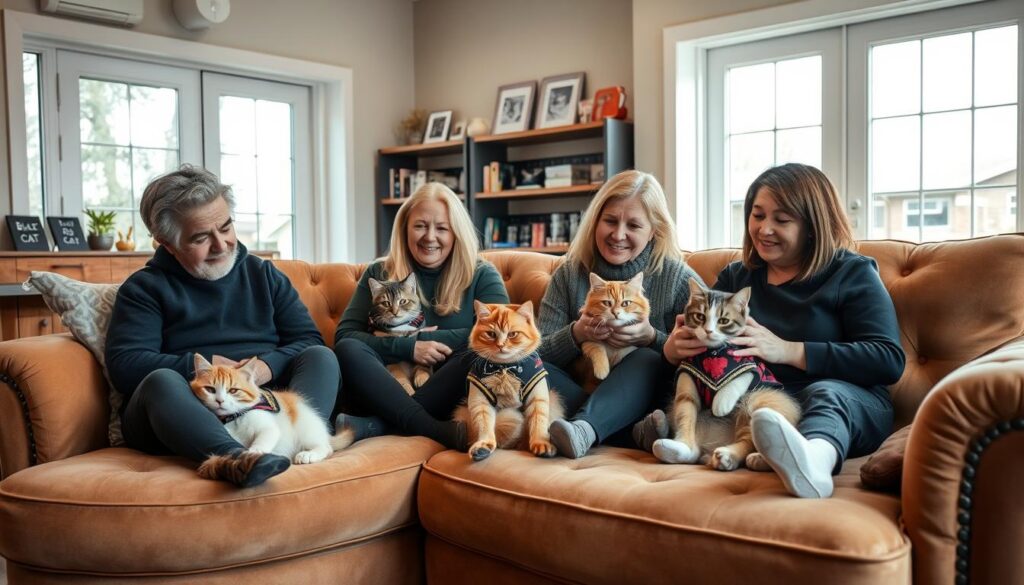 A cozy living room setting, with large windows allowing natural light to pour in. On a plush, tufted sofa, several customers enthusiastically review the "Black Cat 3" line of cat apparel designs. Their cats, curled up next to them, model the fashionable yet whimsical outfits. The customers' expressions convey delight and satisfaction as they discuss the quality, comfort, and unique style of the apparel. In the background, shelves display an array of other "Black Cat 3" products, hinting at the brand's diverse offerings for cat lovers. The overall scene radiates a warm, inviting atmosphere, capturing the real experiences and joy of discerning cat owners.