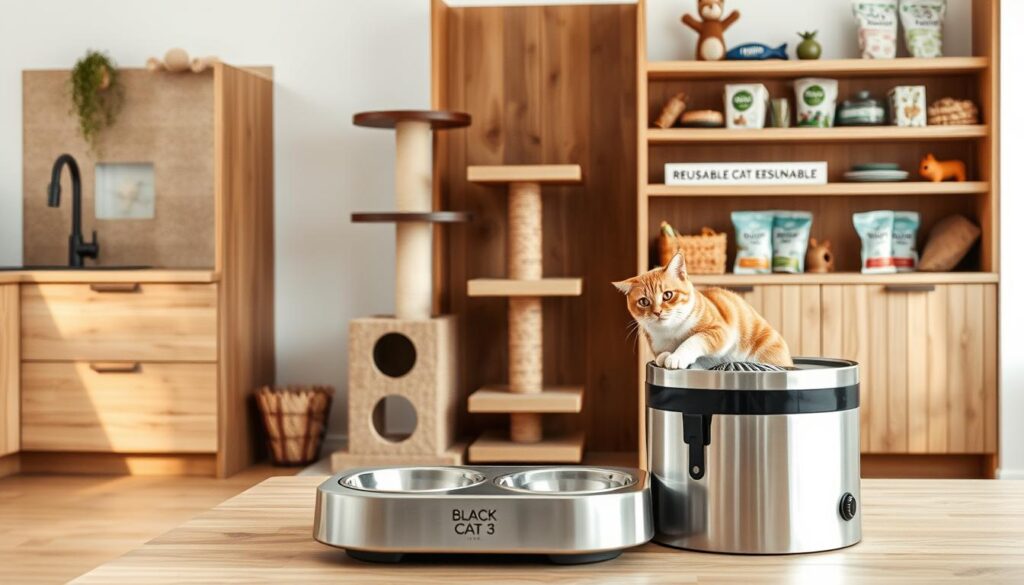 A cozy modern kitchen interior showcasing eco-friendly pet care solutions. In the foreground, a sleek stainless steel cat food and water station from the "Black Cat 3" brand, with hidden storage compartments for accessories. Midground features a large cat scratcher tower made of natural sisal and renewable wood, blending seamlessly with the kitchen's warm wood tones. In the background, shelves display reusable cat litter bags, sustainable toys, and grooming supplies. Soft, diffused lighting highlights the clean, minimalist aesthetic. Overall, the scene conveys a sense of stylish, responsible pet ownership in harmony with a minimalist, green lifestyle.
