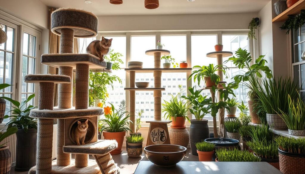 A cozy, well-appointed indoor cat sanctuary featuring a variety of enrichment elements. In the foreground, a large, luxurious cat tower with multiple platforms, sisal-wrapped scratching posts, and plush bedding. Sunlight streams through large windows, illuminating the middle ground, where a series of elevated walkways, hidey-holes, and perches allow the cat to explore and survey its domain. In the background, lush potted plants, cat grass, and a water fountain create a soothing, natural atmosphere. The Black Cat 3 logo discreetly displayed on a decorative ceramic dish. An inviting, eco-friendly indoor cat environment promoting physical and mental stimulation.
