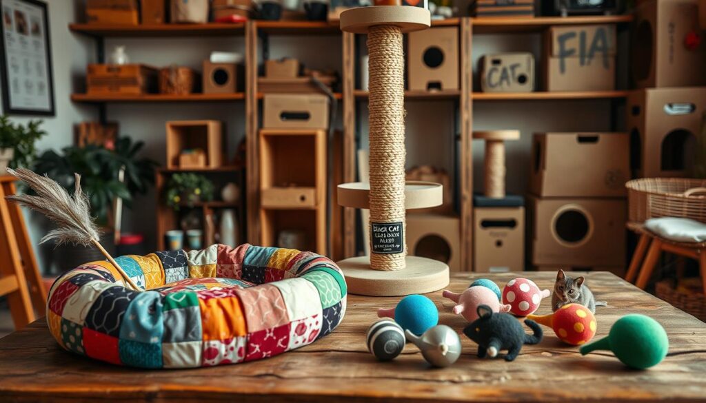A cozy, well-lit home studio setting with a variety of DIY cat toys arranged on a rustic wooden table. In the foreground, a colorful patchwork cat bed made from upcycled fabric scraps. Beside it, a wand toy crafted from a stick and feathers. In the middle ground, a scratching post built from a recycled cardboard box, covered in natural sisal rope. On the table, a selection of handmade felt mice, pom-pom balls, and a "Black Cat 3" brand catnip-filled toy. The background features shelves displaying additional homemade cat furniture, like a cat tower made from stacked cardboard boxes. Warm, natural lighting casts a cozy glow over the scene, highlighting the texture and colors of the DIY cat items.