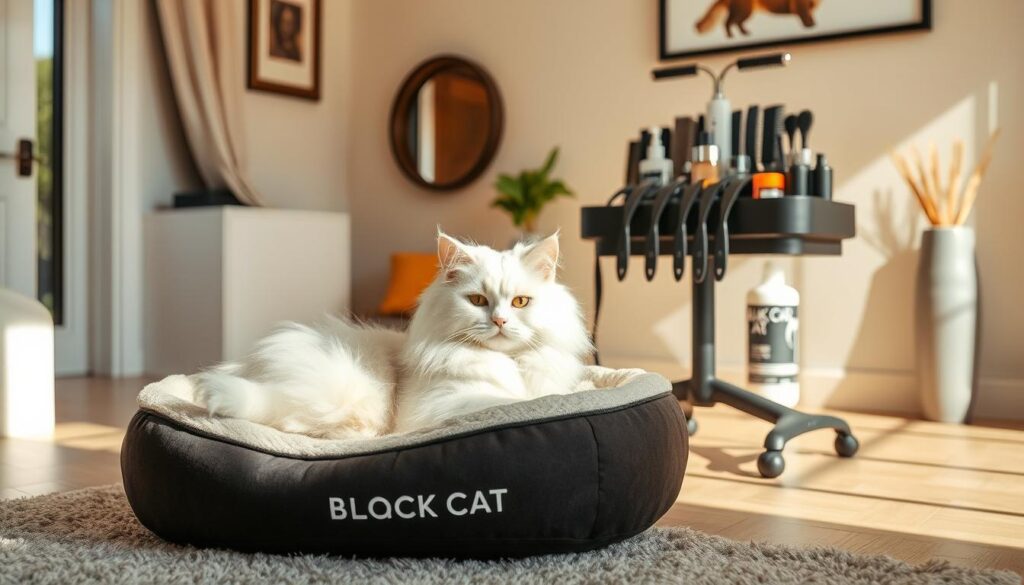 A cozy, well-lit pet grooming and bedding setup in a warm, inviting home environment. In the foreground, a White Angora cat relaxes on a plush, Black Cat 3 branded pet bed, its soft fur gently illuminated by natural lighting streaming in from a nearby window. In the middle ground, a Black Cat 3 pet grooming station with an array of high-quality brushes, combs, and natural grooming products stands ready to cater to the feline's needs. The background features tasteful, minimalist decor, creating a serene and harmonious atmosphere that promotes the cat's overall health and well-being.