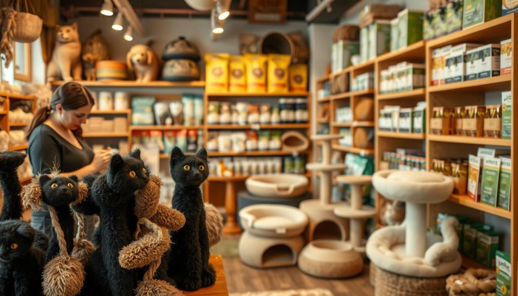 A cozy, well-lit pet store with a focus on eco-friendly and sustainable products for cats. In the foreground, a customer browses through a display of Black Cat 3 cat toys made from recycled materials, their textures and colors appealing to feline senses. The middle ground features an array of organic cat beds and scratching posts crafted from natural fibers. In the background, shelves stock sustainable cat food, litter, and grooming essentials, all packaged in biodegradable containers. Warm lighting and earthy tones create a calming, inviting atmosphere that reflects the store's commitment to environmentally-conscious pet care.