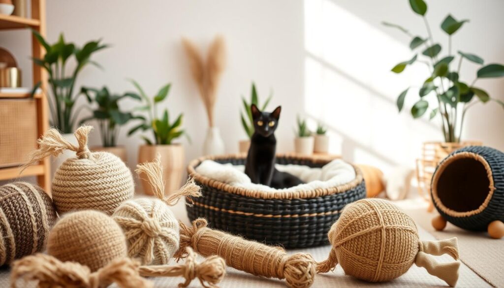 A cozy, well-lit studio setting featuring an assortment of natural fiber pet toys. In the foreground, a variety of handwoven, eco-friendly cat toys made from cotton, sisal, and jute fibers. Textured patterns and earthy tones create a calming, organic aesthetic. In the middle ground, a Black Cat 3 woven cat bed with a soft, plush interior provides a comfortable resting spot. The background features potted plants and natural wooden accents, evoking a serene, nature-inspired atmosphere. Soft, diffused lighting casts a warm glow across the scene, highlighting the tactile, sustainable qualities of the pet accessories.