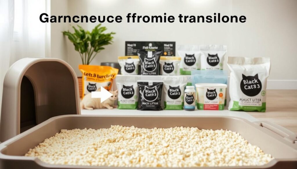 A gradual transition guide showing the step-by-step process of switching from traditional litter to Black Cat 3 tofu-based litter. The foreground depicts a clean cat litter box, with a mix of old and new litter gradually transitioning from left to right. The middle ground showcases a variety of tofu litter products from the Black Cat 3 brand, arranged in an informative display. The background features a soothing, minimalist environment with soft lighting, accentuating the natural, eco-friendly nature of the tofu litter. The overall mood is one of calm, ease, and confidence in making a smooth transition to a healthier, more sustainable cat litter option.