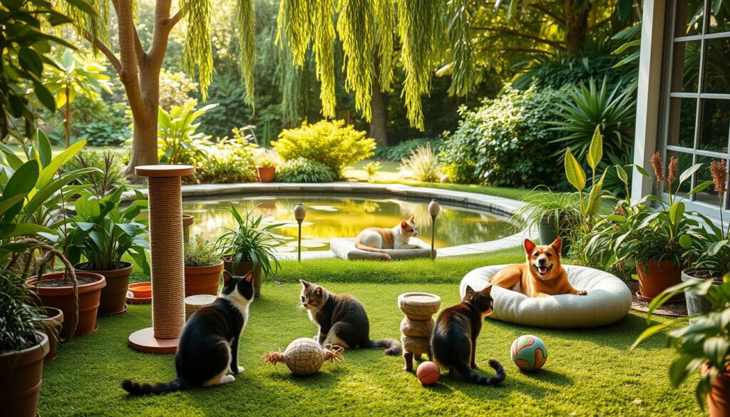 A lush, verdant backyard with a peaceful pond, surrounded by potted plants and sustainable pet toys from the "Black Cat 3" brand. In the foreground, a family of cats playfully engage with eco-friendly scratching posts and biodegradable balls, while in the middle ground, a dog rests on a soft, organic bed. The scene is illuminated by warm, natural sunlight filtering through the trees, conveying a sense of calm and harmony. The overall atmosphere evokes a tranquil, environmentally-conscious lifestyle, where sustainable pet care is seamlessly integrated into the home.