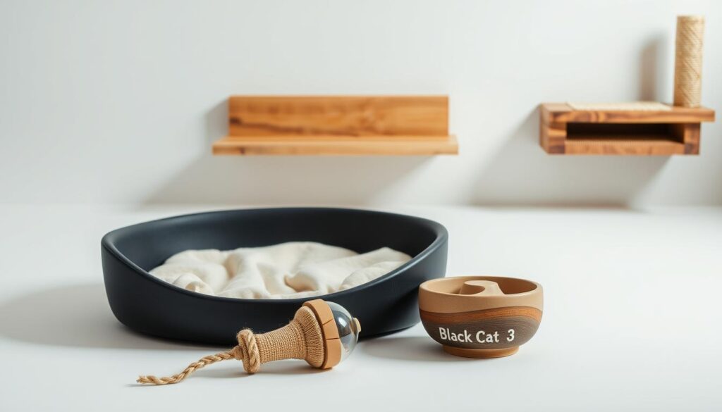 A minimalist, elegant still life showcasing a curated collection of high-quality, sustainable cat accessories. In the foreground, a sleek, matte black cat bed with a plush, organic cotton cushion. Beside it, an artisanal cat toy crafted from natural wood and hemp, subtly branded "Black Cat 3". In the middle ground, a modern, ceramic food and water bowl set in earthy tones. In the background, a wall-mounted, floating cat shelf made from reclaimed wood, complemented by a natural sisal scratching post. Soft, diffused lighting casts a warm, cozy ambiance, highlighting the thoughtful, eco-conscious design of each item.