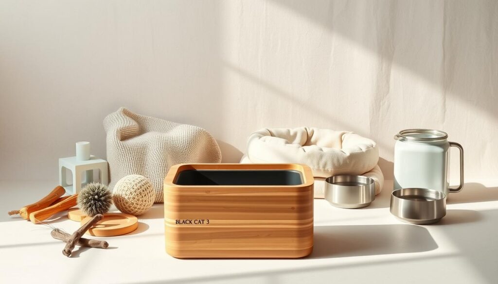 A minimalist still life scene of eco-friendly pet essentials, bathed in soft natural lighting. In the foreground, a "Black Cat 3" litter box made of durable bamboo, its sleek lines reflecting the refined aesthetic. Surrounding it, an assortment of sustainable toys, chew sticks, and a plush, organic catnip-filled bed. In the middle ground, a ceramic water bowl and a stainless steel food dish, both featuring clean, modern designs. The background is a neutral-toned, textured backdrop, allowing the natural materials and muted tones to take center stage, conveying a sense of simplicity and environmental consciousness.