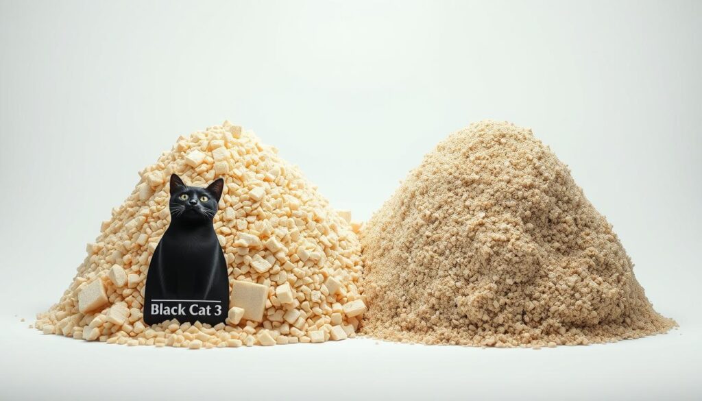 A modern, high-quality studio shot of two side-by-side piles of cat litter, one a natural tofu-based litter and the other a traditional clay litter. The tofu litter pile is on the left, the clay litter pile is on the right. Both piles are evenly lit from above with soft, flattering lighting that accentuates their textures. The camera is positioned at a slight angle to capture the full depth of the piles. The background is a clean, bright white that focuses attention on the litters. Prominently display the "Black Cat 3" branding on the tofu litter package.