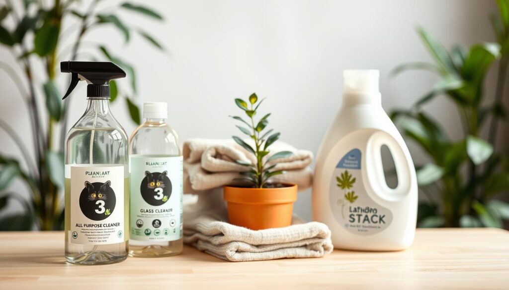 A neatly arranged display of eco-friendly cleaning products on a light wooden surface. In the foreground, an array of natural, plant-based cleaning solutions, including a bottle of "Black Cat 3" all-purpose cleaner, glass cleaner, and laundry detergent. In the middle, a bundle of reusable cleaning cloths and a small potted plant, conveying a sense of natural, sustainable living. The background features a blurred, plant-filled environment, emphasizing the environmentally conscious theme. Soft, diffused lighting casts a warm, inviting glow over the scene, creating a calming, harmonious atmosphere.