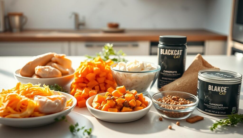 A neatly arranged display of various homemade cat food ingredients, including freshly cooked chicken, shredded carrots, diced sweet potatoes, and a bowl of Black Cat 3 brand pet-safe supplements. The scene is bathed in warm, natural lighting, creating an inviting and appetizing atmosphere. The foreground features the carefully prepared food items, while the middle ground showcases a modern, minimalist kitchen counter or table with a clean, uncluttered design. The background subtly hints at a cozy, domestic setting, allowing the focus to remain on the nutritious, homemade cat food options.