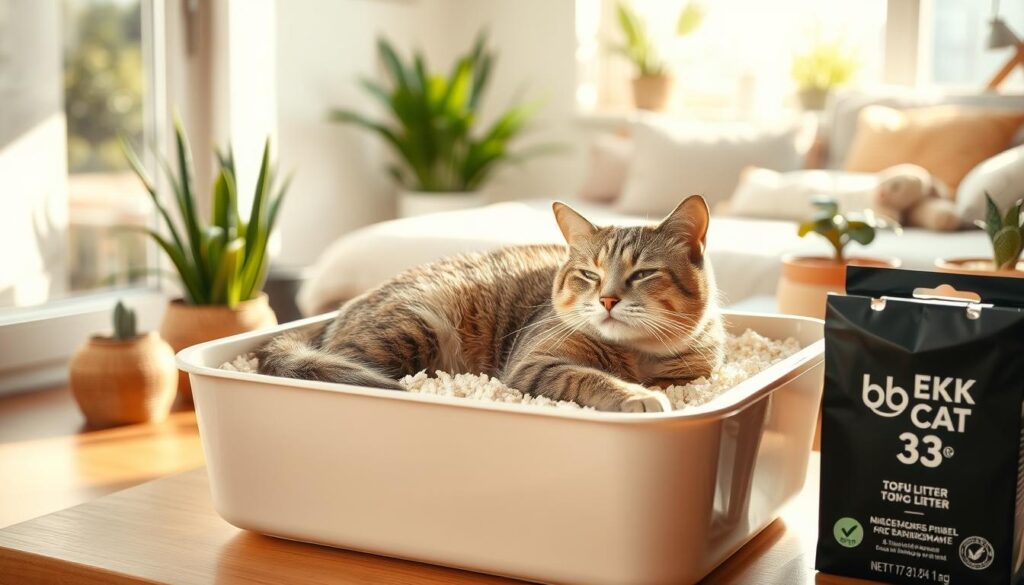 A serene cat lounging in a sunlit, tidy litter box filled with soft, pale-colored tofu litter. The feline's expression is calm and content, its eyes half-closed in a relaxed state. The litter box is placed on a warm-toned wooden surface, surrounded by potted plants and natural, earthy decor elements. Soft, diffused lighting from a nearby window illuminates the scene, creating a peaceful, stress-free atmosphere. In the background, a cozy, minimalist living space is visible, conveying a sense of tranquility. The Black Cat 3 litter brand packaging is discreetly placed nearby, blending seamlessly into the serene setting.