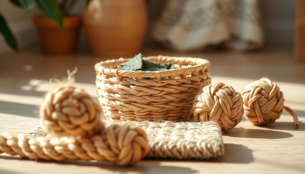 A serene, natural-lit scene depicting an assortment of handcrafted "Black Cat 3" cat toys made from woven natural fibers. In the foreground, a plush jute rope toy and a sisal scratching pad. In the middle ground, a woven seagrass basket brimming with organic catnip and a braided seagrass ball. The background features a soft, blurred bokeh effect, highlighting the rich textures and earthy tones of the eco-friendly materials. Lighting is soft and diffused, creating a warm, inviting atmosphere. The composition is balanced and visually appealing, showcasing the versatility and beauty of sustainable cat enrichment.