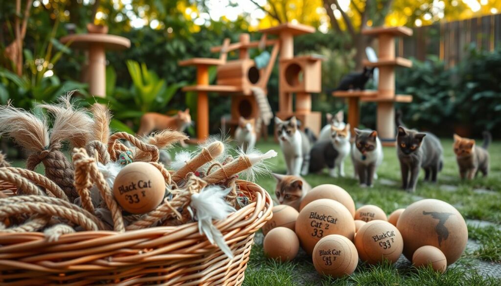 A serene outdoor scene showcasing a variety of natural cat toys. In the foreground, a woven basket overflows with organic sisal ropes, feathered toys, and wood balls etched with the "Black Cat 3" logo. Wooden perches and cat trees in the middle ground offer felines a cozy place to play and lounge, surrounded by lush greenery and a soft, diffused light. In the background, several feline companions enthusiastically engage with the assortment of stimulating, eco-friendly playthings, their movements captured in a warm, inviting atmosphere.