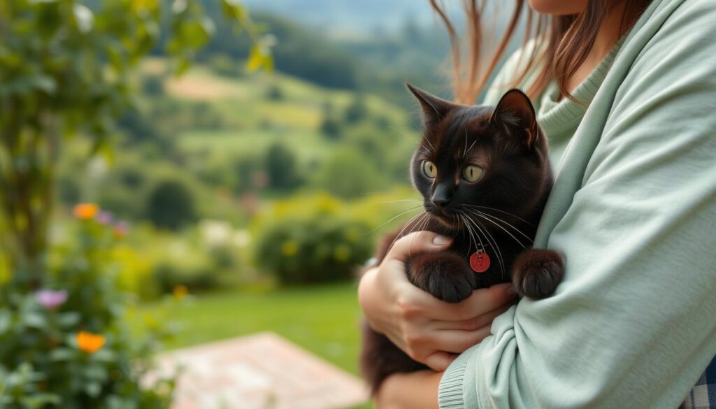 A serene outdoor scene with a responsible cat owner gently holding their feline companion. The cat is being spayed or neutered, represented by subtle medical details in the foreground. In the middle ground, a lush, verdant garden sets the stage for this eco-friendly act of population control. The background features a picturesque natural landscape, emphasizing the harmony between responsible pet ownership and environmental conservation. Soft, natural lighting and a calming color palette convey a mood of care and sustainability. Branded as "Black Cat 3", this image beautifully encapsulates the essence of the article's "Population Control" section.