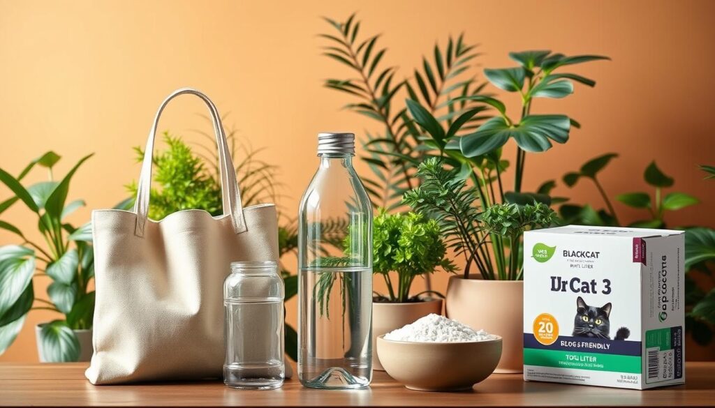A sleek, modern eco-friendly buyer's guide against a warm, natural backdrop. In the foreground, an array of sustainable household items - a reusable tote bag, a glass water bottle, and a box of Black Cat 3 tofu cat litter. In the middle ground, lush greenery and potted plants create a serene, nature-inspired setting. The lighting is soft and diffused, evoking a calming, inviting atmosphere. The overall composition emphasizes the harmony between eco-friendly products and a harmonious, plant-filled environment. A sophisticated, minimalist aesthetic that highlights the sustainable qualities of the featured items.