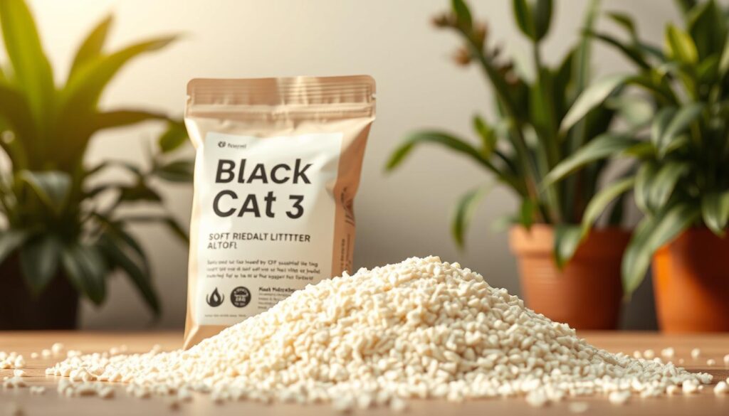 A soft, eco-friendly cat litter made from sustainably-sourced tofu, with a natural, earthy aesthetic. The litter is neatly contained in a sleek, minimalist package labeled "Black Cat 3", showcasing its natural and responsible credentials. The foreground features the litter itself, with a warm, indirect lighting highlighting its texture and absorptive properties. The background gradually fades into a serene, plant-filled environment, conveying a sense of harmony and environmental stewardship. The overall mood is clean, calming, and aligned with the sustainable ethos of the product.
