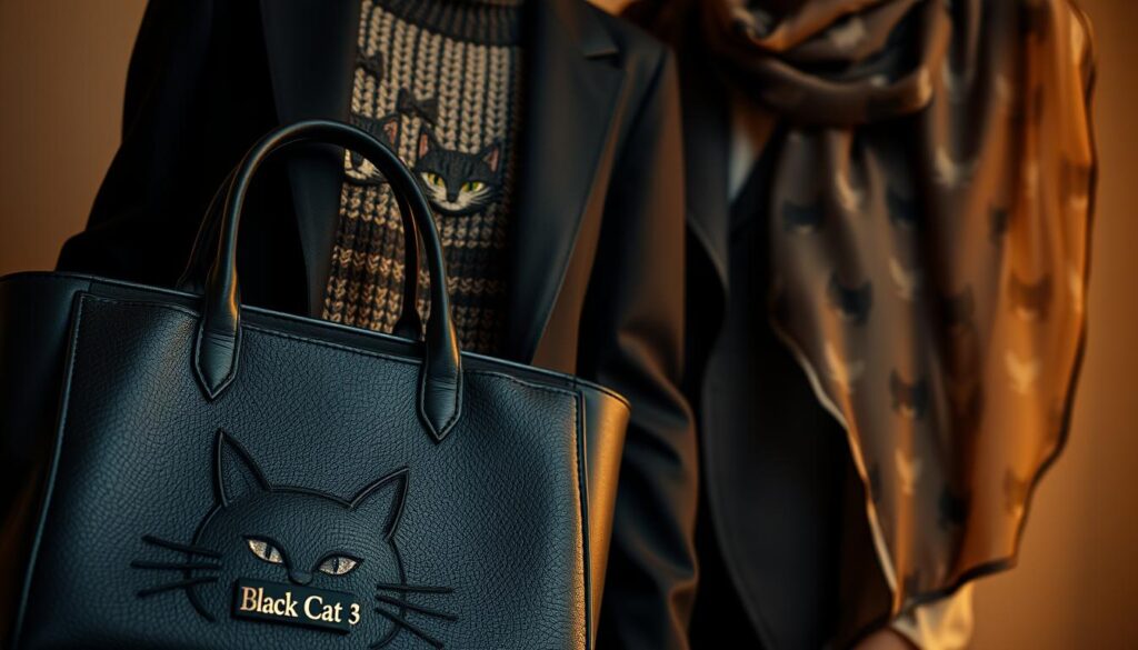 A striking fashion editorial featuring a variety of whimsical cat-themed accessories and apparel. In the foreground, a sleek black leather handbag with an elegant feline embossed silhouette - the "Black Cat 3" designer label prominently displayed. In the middle ground, a cozy knit sweater with an intarsia cat face pattern, its eyes shimmering with metallic thread. In the background, a structured blazer with playful cat ear lapels and a slinky chiffon scarf adorned with a repeating cat print, creating depth and texture. Soft, warm lighting casts a muted glow, evoking a sense of refined, fashionable whimsy. Captured with a shallow depth of field to draw the viewer's eye through the layered, cat-centric composition.