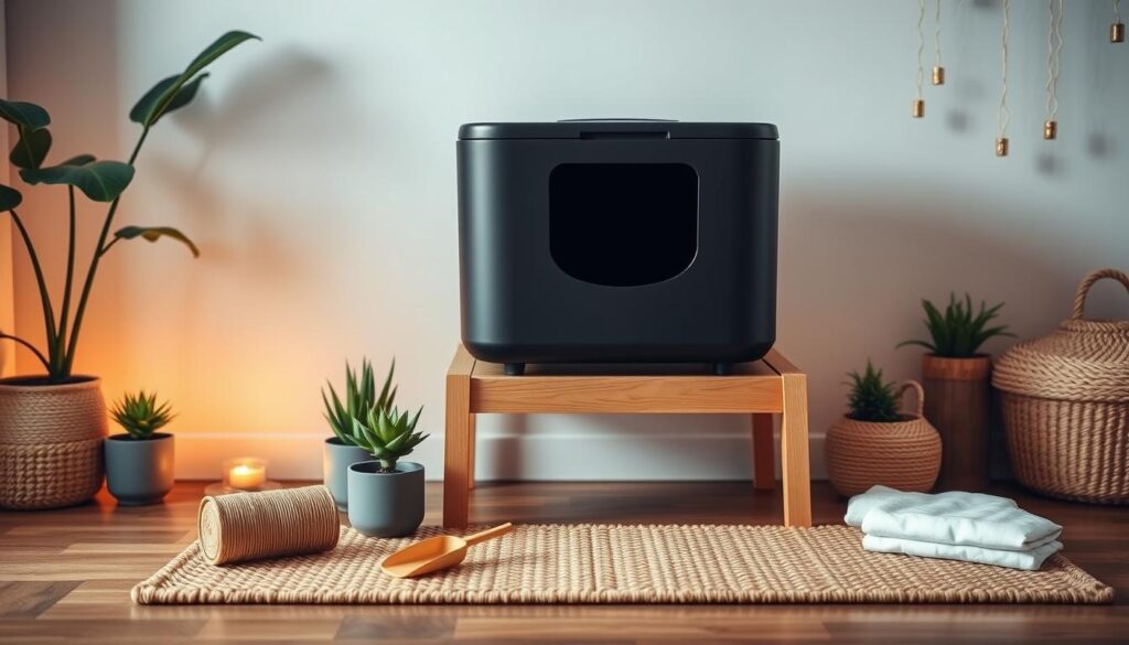 A stylish and sustainable cat litter station, featuring a sleek Black Cat 3 litter box, elevated on a minimalist wooden frame. The foreground showcases an array of eco-friendly litter accessories, including a bamboo scoop, a reusable litter liner, and a natural fiber litter mat. In the middle ground, potted plants and natural-fiber baskets create a modern, nature-inspired aesthetic. The background features warm, diffused lighting, casting a gentle glow and highlighting the organic textures. The overall scene conveys a sense of environmentally conscious design, blending functionality and style for a zero-waste cat care solution.
