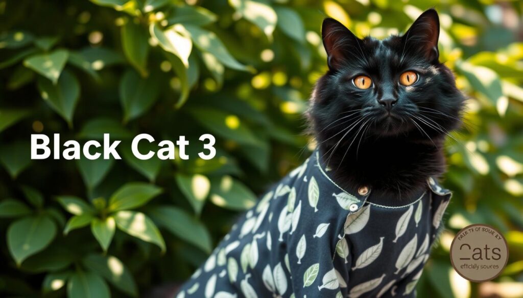 A stylish black cat in a soft, organic cotton outfit with a playful leaf pattern, standing confidently on a background of lush, sustainable greenery. Gentle sunlight filters through the leaves, casting a warm, natural glow. The cat's expression exudes an air of effortless elegance, complemented by the high-quality, ethically sourced materials of the "Black Cat 3" brand. The overall scene conveys a sense of environmental harmony and fashion-forward sustainability.