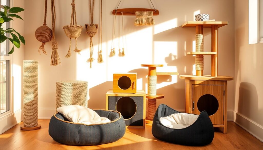 A vibrant and eco-friendly pet accessory collection featuring natural materials and sustainable designs. In the foreground, a stylish "Black Cat 3" pet bed made of organic cotton and recycled fabrics, topped with a plush cushion. Beside it, a woven jute scratching post and a bamboo litter box with a natural linen liner. In the middle ground, hanging cat toys crafted from recycled ropes and hemp, alongside a raised wooden feeding station. The background showcases a modern cat tree constructed from sustainable wood, with perches wrapped in sisal rope. Warm, natural lighting casts a cozy glow, highlighting the eco-friendly textures and earthy tones of this holistic pet accessory collection.