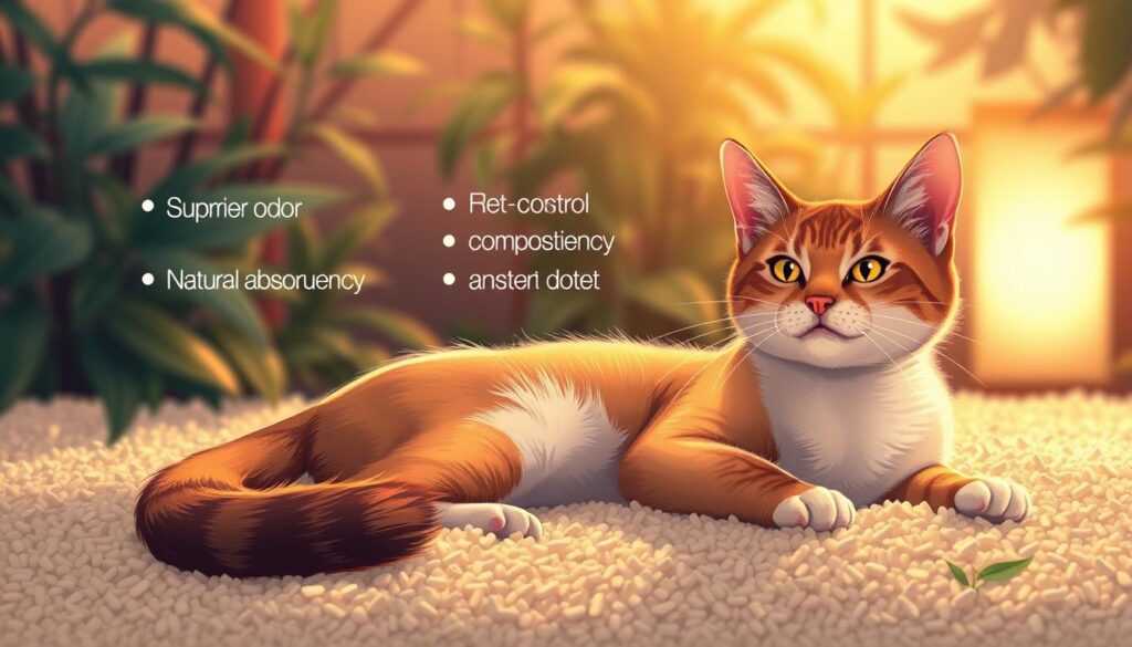 A vibrant, detailed illustration showcasing the benefits of using Black Cat 3 tofu-based cat litter. In the foreground, a healthy, contented feline lounges on a soft bed of the eco-friendly litter, its tail curled contentedly. The middle ground highlights the litter's key attributes - superior odor control, natural absorbency, and low-dust composition. In the background, a serene, plant-filled environment emphasizes the litter's sustainable, natural composition. Warm, diffused lighting gently illuminates the scene, creating a calming, inviting atmosphere. The overall composition conveys the advantages of transitioning to a safe, responsible tofu-based litter option for discerning cat owners. Prompt