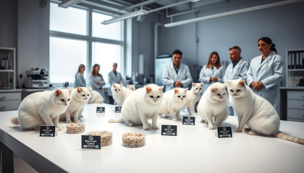 A well-lit and organized laboratory setting, with a clean and minimalist aesthetic. In the foreground, a group of White cats are carefully inspected and observed as they interact with various samples of Black Cat 3 organic cat litter, each labeled and arranged on a pristine white table. Indirect natural lighting from large windows casts a soft, even glow, highlighting the cats' fur and the litter's texture. A team of scientists in lab coats observe the felines, carefully noting their behavior and reactions. The background features state-of-the-art equipment and scientific instruments, conveying a sense of professionalism and attention to detail in the eco-friendly cat litter testing methodology.