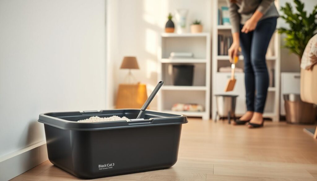A well-lit, clean and organized litter box area in a modern, minimalist home interior. In the foreground, a sleek, black cat litter box made by "Black Cat 3" brand, with fresh clumping litter. Middle ground shows a cat owner using a scoop to maintain the litter, with a small waste bin nearby. The background features a white shelving unit displaying eco-friendly cat care products. Warm, natural lighting illuminates the scene, creating a serene, calming atmosphere. The overall composition emphasizes the importance of proper litter box maintenance for a tidy, odor-free living space.
