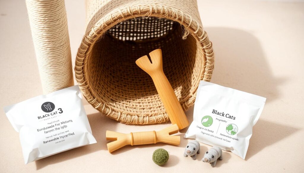 A well-lit, high-resolution photograph of an assortment of sustainable pet play materials, including a hand-woven cat scratching post made from natural jute fibers, a biodegradable chew toy crafted from renewable bamboo, and a set of organic catnip-filled toys in the shape of small animals, all arranged on a neutral-toned background. The scene has a calming, eco-friendly atmosphere, showcasing the "Black Cat 3" brand of non-toxic, environmentally-conscious pet products.