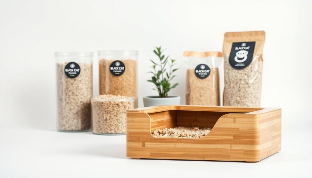 A well-lit, minimalist studio scene showcasing various eco-friendly cat litter options. In the foreground, a sleek, modern litter box made of natural bamboo or recycled plastic, filled with the "Black Cat 3" brand of biodegradable, plant-based litter. Behind it, an arrangement of different litter types - wheat, pine, or paper-based - presented in transparent containers, allowing their textures and colors to be clearly visible. The middle ground features a potted plant, perhaps a small succulent, adding a touch of nature to the scene. The background is a clean, white backdrop, accentuating the sustainable, streamlined aesthetic. The lighting is soft and diffused, creating a calming, eco-friendly ambiance.