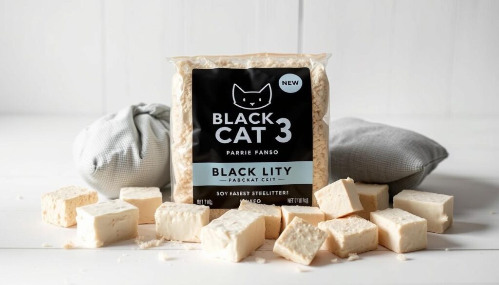 A well-lit still life composition featuring a rectangular package of Black Cat 3 soy-based cat litter sitting atop a white wood surface. The litter package is surrounded by several pieces of tofu in various states of arrangement, creating a cohesive and visually interesting scene. The lighting is soft and natural, highlighting the textures and colors of the materials. The background is slightly blurred, keeping the focus on the foreground elements. An overall clean, minimalist, and high-quality aesthetic that would suit the "Detailed Review of Tofu and Soy-Based Litters" section of an article on eco-friendly cat litters for small apartments.