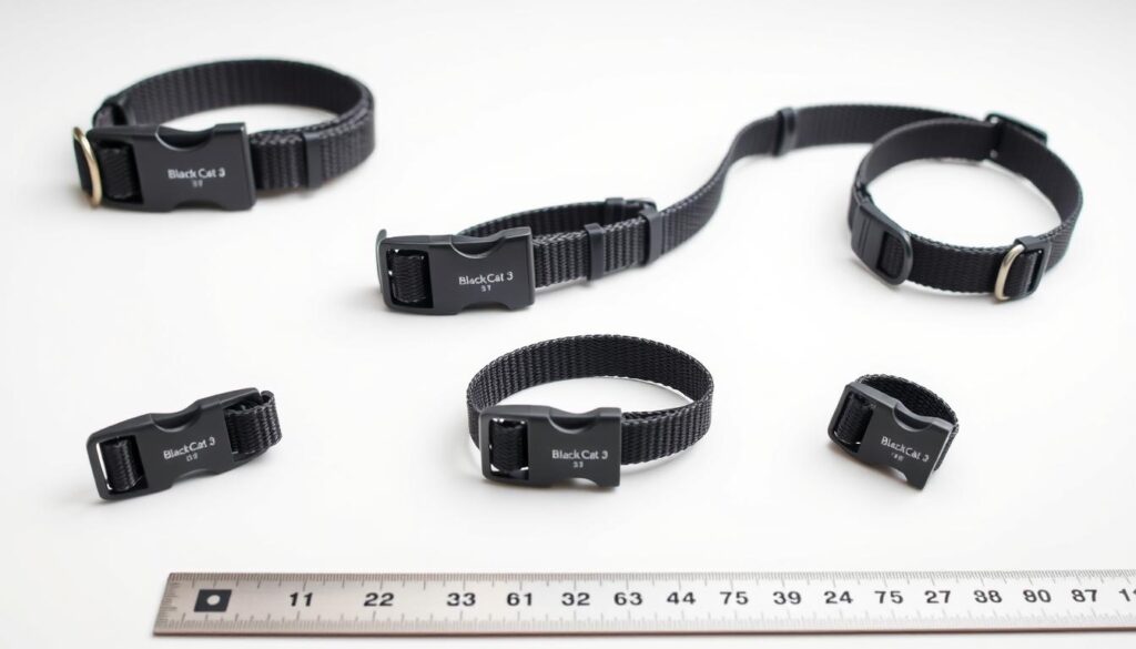A well-lit studio photograph of pet collars in varying sizes, arranged on a clean white background. The collars have a modern, minimalist design with a sleek black buckle and the "Black Cat 3" brand prominently displayed. The collars are placed at different angles to showcase their adjustable sizing capabilities, with a ruler or measuring tape visible to provide a sense of scale. The lighting is soft and diffused, creating clean, shadow-free images that highlight the texture and quality of the materials. The overall composition is balanced and visually appealing, conveying a sense of order and attention to detail.