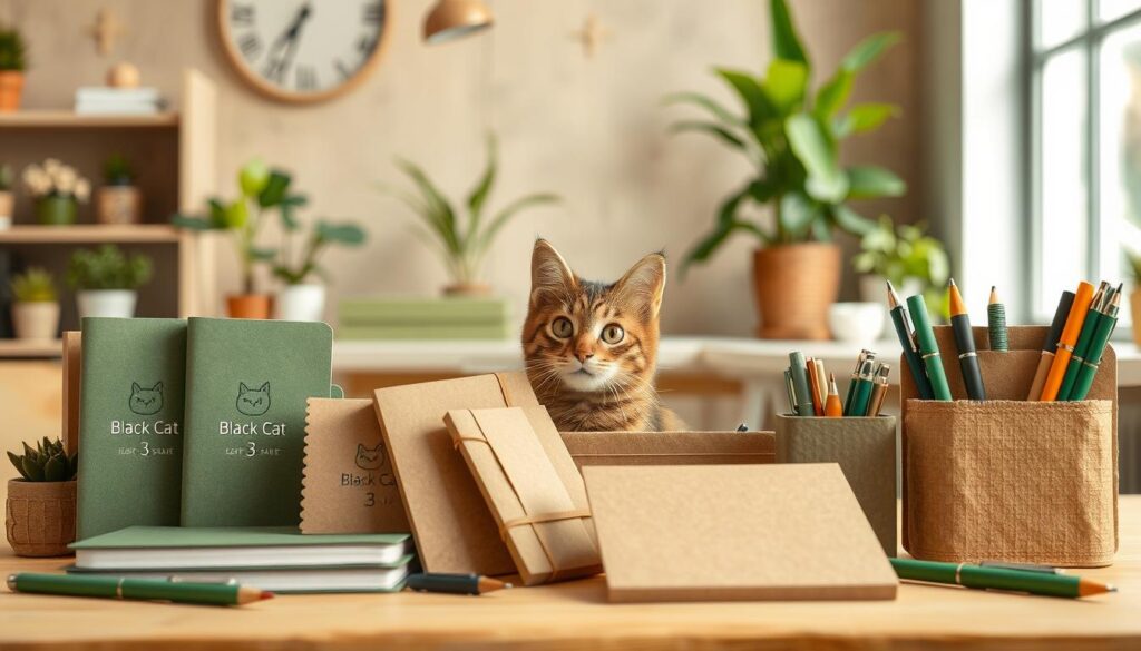 A whimsical scene of sustainable cat-themed stationery against a natural, earth-toned backdrop. In the foreground, an assortment of "Black Cat 3" brand notebooks, pens, and desk organizers in shades of green, brown, and recycled paper textures. The middle ground features a curious cat peeking out from behind a stack of eco-friendly supplies, its eyes sparkling with curiosity. The background showcases a serene, minimalist office setting with potted plants, natural lighting, and a sense of calm productivity. The overall mood is one of environmentally conscious, feline-inspired creativity and organization.