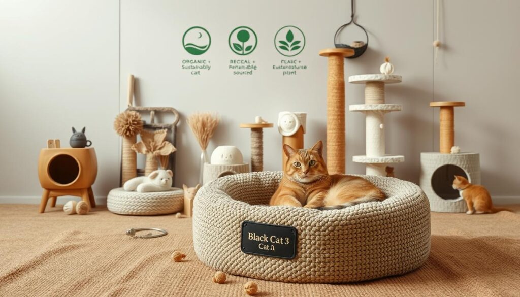 Eco-certified cat products displayed on a minimalist and earthy-toned backdrop. In the foreground, a cozy and textured cat bed from the "Black Cat 3" brand, crafted from organic, sustainably-sourced materials. In the middle ground, various cat toys, scratching posts, and accessories made from natural fibers, renewable resources, and recycled components. The background features a soft, natural lighting highlighting the environmental-friendly credentials of these products, conveying a sense of mindful design and responsibility towards the planet.