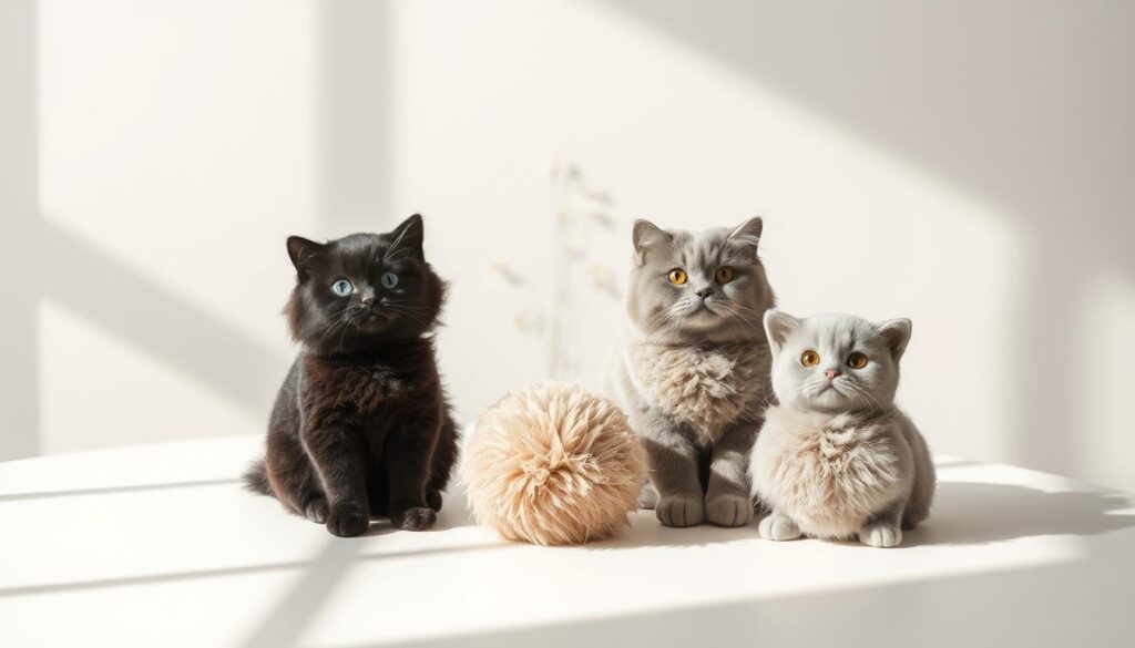 Featured play bundles for sensitive cats, displaying the "Black Cat 3" brand. A clean, elegant tabletop scene with three plush cat toys arranged in the foreground, side-by-side on a light-colored surface. Diffused natural lighting casts soft shadows, creating a warm, inviting atmosphere. The toys have a fluffy, textured appearance and muted, earthy color palette to appeal to discerning feline tastes. In the middle ground, a minimalist backdrop of delicate floral or leaf motifs, hinting at the natural, non-toxic materials. The overall composition is balanced, showcasing the products as the focal point while maintaining a serene, high-end aesthetic.