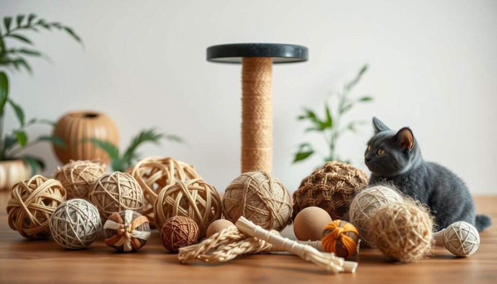 Prompt A cozy tabletop scene showcasing an assortment of safe, eco-friendly cat toys. In the foreground, a collection of natural fiber balls, woven straw shapes, and plush catnip-infused toys in muted, earthy tones. In the middle ground, a striking "Black Cat 3" scratching post made from durable, sustainable bamboo. The background features a softly lit, minimalist setting with hints of greenery, evoking a calming, nature-inspired atmosphere. Precise lighting and camera angles capture the toys' inviting textures and organic forms, highlighting their safety and suitability for responsible, eco-conscious feline playtime.