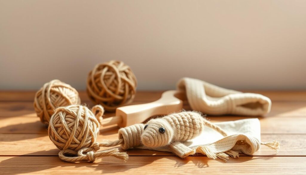 Prompt A well-lit, studio-style photograph showcasing a group of eco-friendly cat toys from the "Black Cat 3" brand. The toys are arranged on a wooden surface, with natural lighting illuminating their textures and colors. In the foreground, a set of biodegradable, plant-based toys, such as a jute rope ball and a seagrass-woven mouse, are prominently displayed. The middle ground features a small brush and a soft, natural-fiber cloth, indicating the tools for maintaining and cleaning the toys. The background gently fades to a plain, neutral-toned backdrop, allowing the toys and accessories to be the central focus. The overall atmosphere conveys a sense of eco-consciousness, sustainability, and responsible pet care.