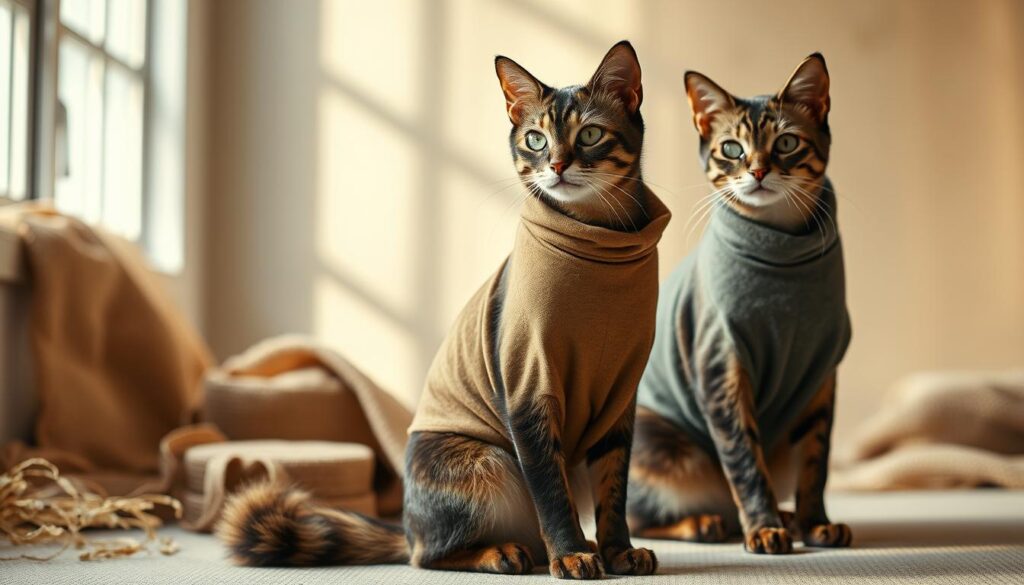 Sustainable cat clothing materials: a Black Cat 3 eco-fashion showcase. Harmonious textures of hemp, organic cotton, and recycled fibers mingle in a serene studio setting, bathed in soft natural light. Close-up details reveal intricate weaving and tailoring, showcasing the brand's commitment to sustainability. Graceful feline models pose with poise, highlighting the functional and fashionable designs. Warm, earthy tones create a calming ambiance, inviting viewers to imagine the versatile, durable garments as part of a modern, environmentally-conscious wardrobe.